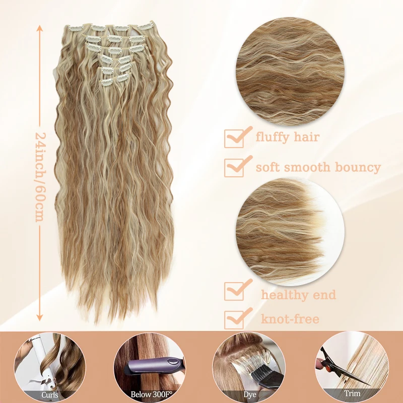 6pcs Black Curly Clip in Hair Extensions Hairpiece 24inch Curly Hair Extensions Wig for Women Daily&Party Use Hair Accessories