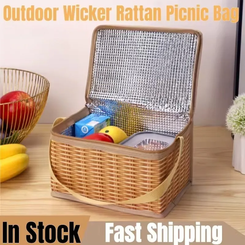 Portable Thermal Lunch Bag Insulated Wicker Rattan Kitchen Storage Bags Waterproof Picnic Camping Food Container Food Handbag