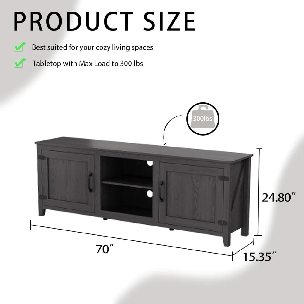 TV Stand for TVs up to 80 inch, Black, Farmhouse Style, with Barn Door, Storage and Cable Management, Durable MDF Board Construc 2