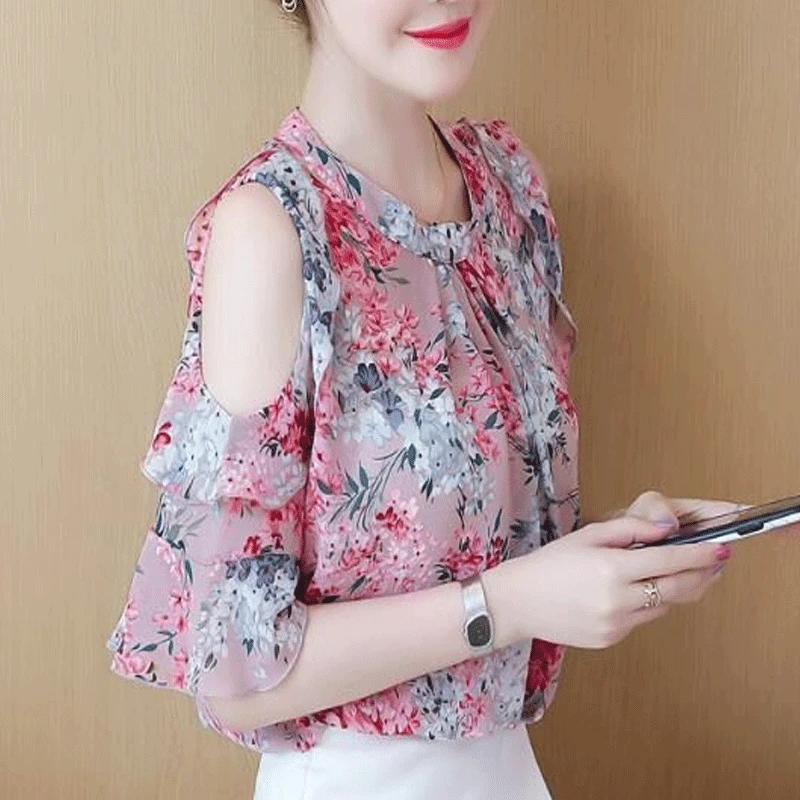 2023 Summer New Fashion Causal Printed Short Sleeve Round Neck Off Shoulder Vintage Simplicity Commute Spliced Ruffles T-shirt