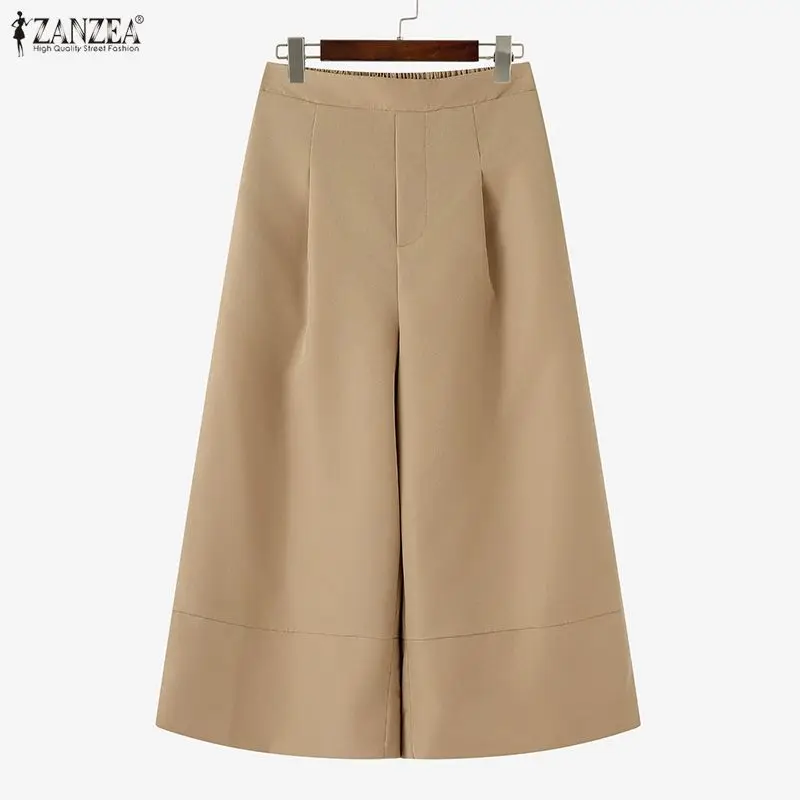 ZANZEA Women Casual Calf-Length Pants Elastic Back Waist Solid Color Wide-Leg Cropped Pant Loose Cozy Woman Bottoms Fall 2025