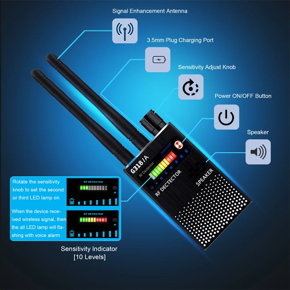 RF Signal Detector Anti-Spy Tapping Anti Detects Eavesdropping Pinhole Audio Bug GSM Devices Finder Anti Spy Gadgets