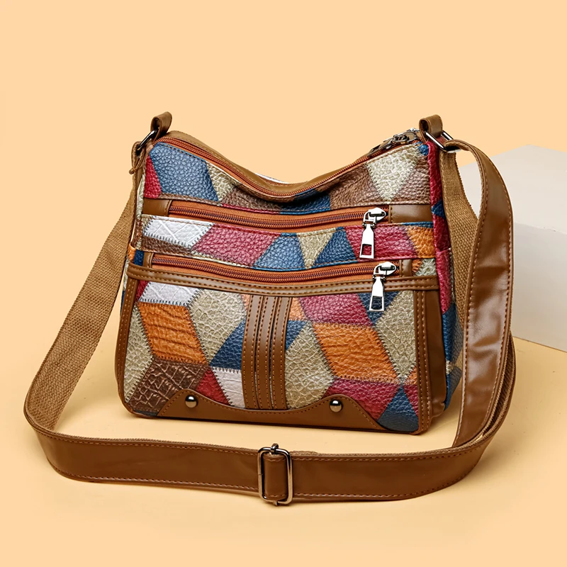 Elegant women's crossbody bag with geometric patterns, multi colored patch shoulder bag, and crossbody bag with multiple compart