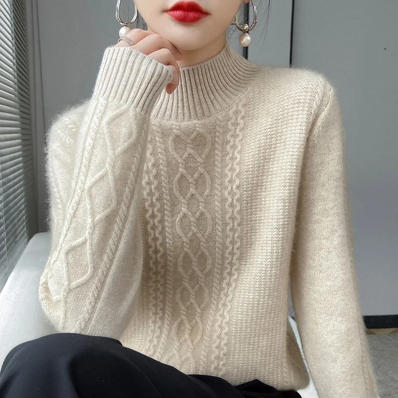 New Spring Knitted Pullovers Half High Collar Loose Thick Warm Sweater For Women Vintage Wool Autumn Winter Mother Bottoming Top
