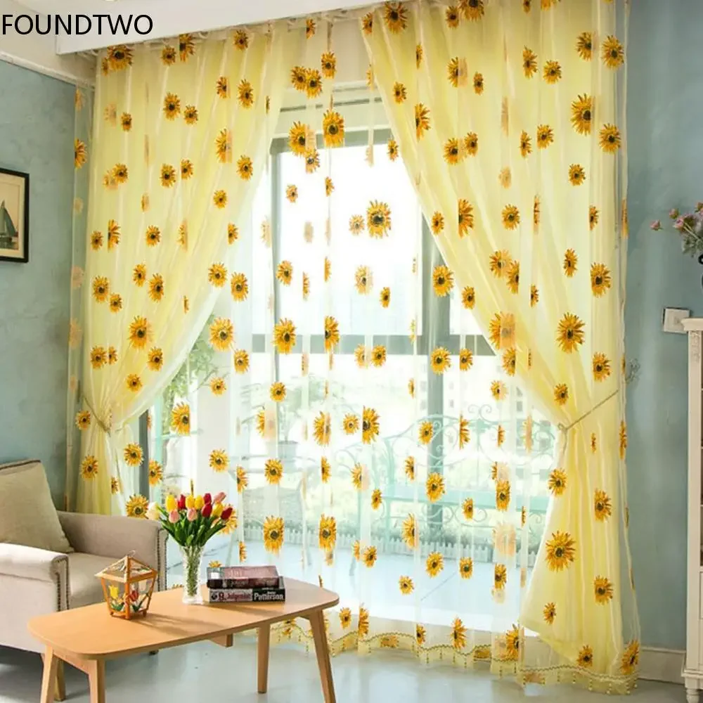 

*Sunflower Pattern Tulle Curtain Home Decor Voile Kitchen Balcony Room Floral Window Blind Screening Curtain Patio Decoration