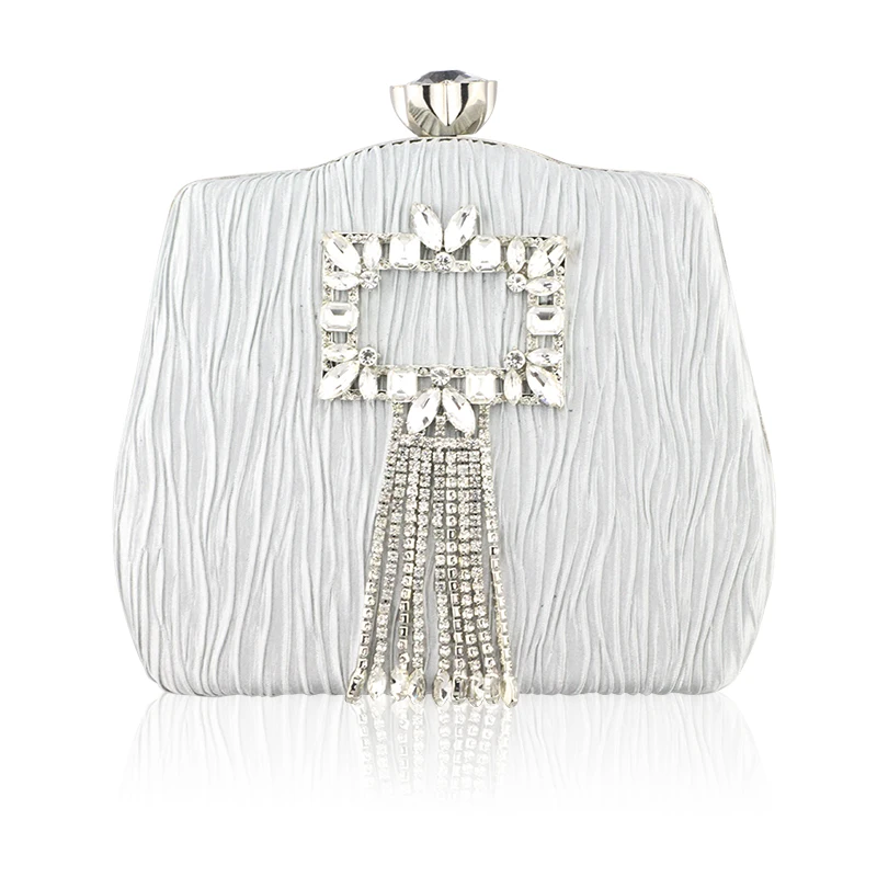 Women's Evening Bags silver silk fabric tote tassel handbag Shoulder Bag Bridal Clutch Party Prom Wedding diamond wallet Clutch