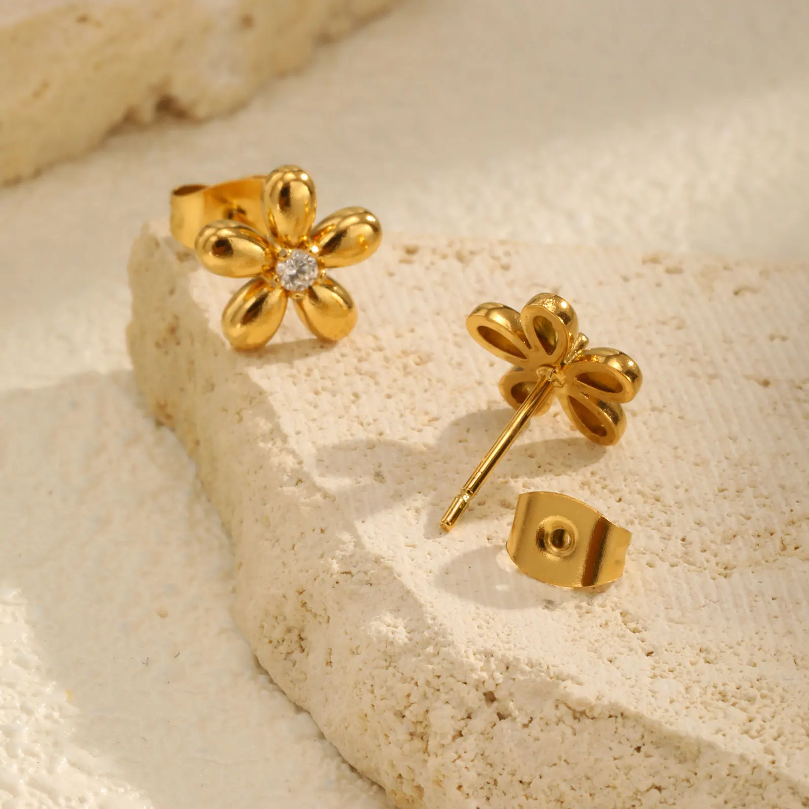 Stainless Steel Zircon Flower Stud Earrings for Women,18K Gold