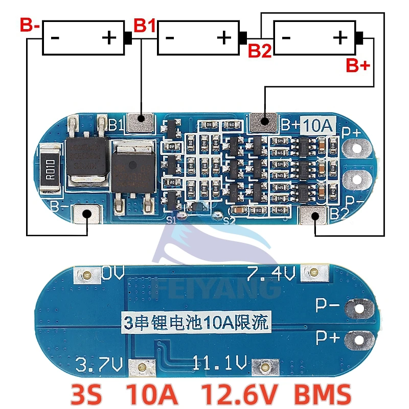 SAMIROB 11,1 V 12 V 12,6 V 3S 10 A Lithium-Batterie-Ladegerät-Schutzplatinenmodul für 18650 Li-Ionen-Lipo-Batteriezellen BMS 3,7 V