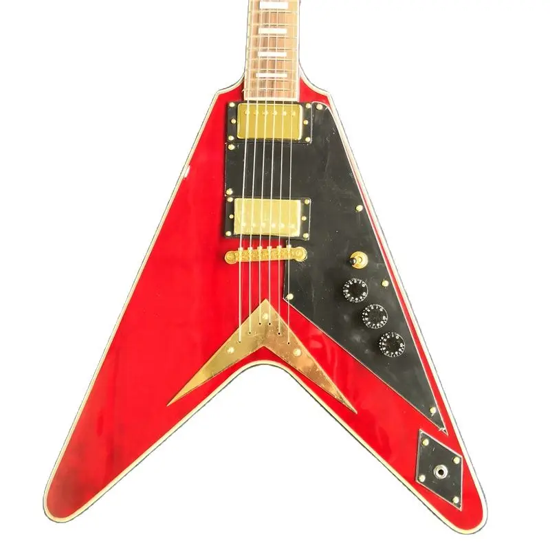 

24 Frets Electric Guitar Red V Shaped 6 Strings Black Guard Plate Rosewood Fingerboard Mahogany Body Humbucker Gold Accessories