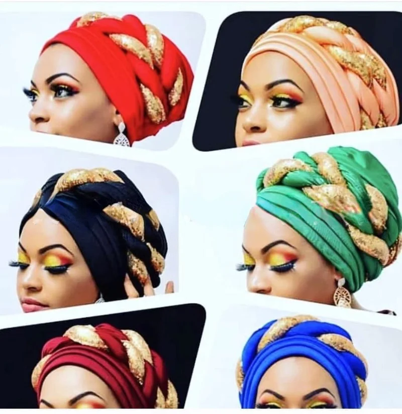 Women Braid Turbans Latest African Headtie Ladies Sequin Head Wraps African Aso Oke Winter Headtie Negerian Wedding Gele Caps