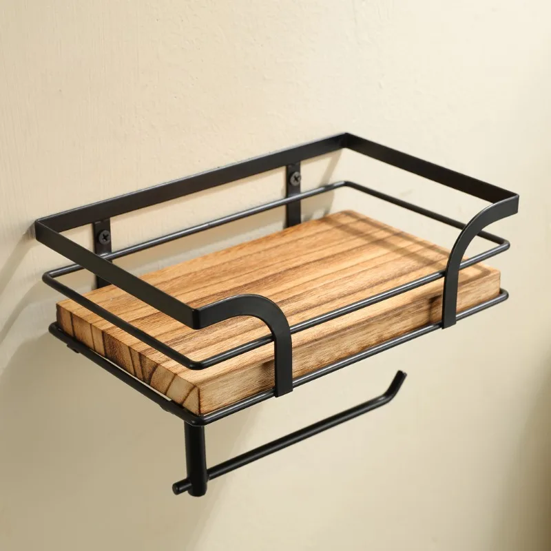 1pcs Wall-Mounted Toilet Paper Holder Solid Wood & Iron Bathroom Hotel Storage Shelf Space-Saving Roll paper Organizer 5