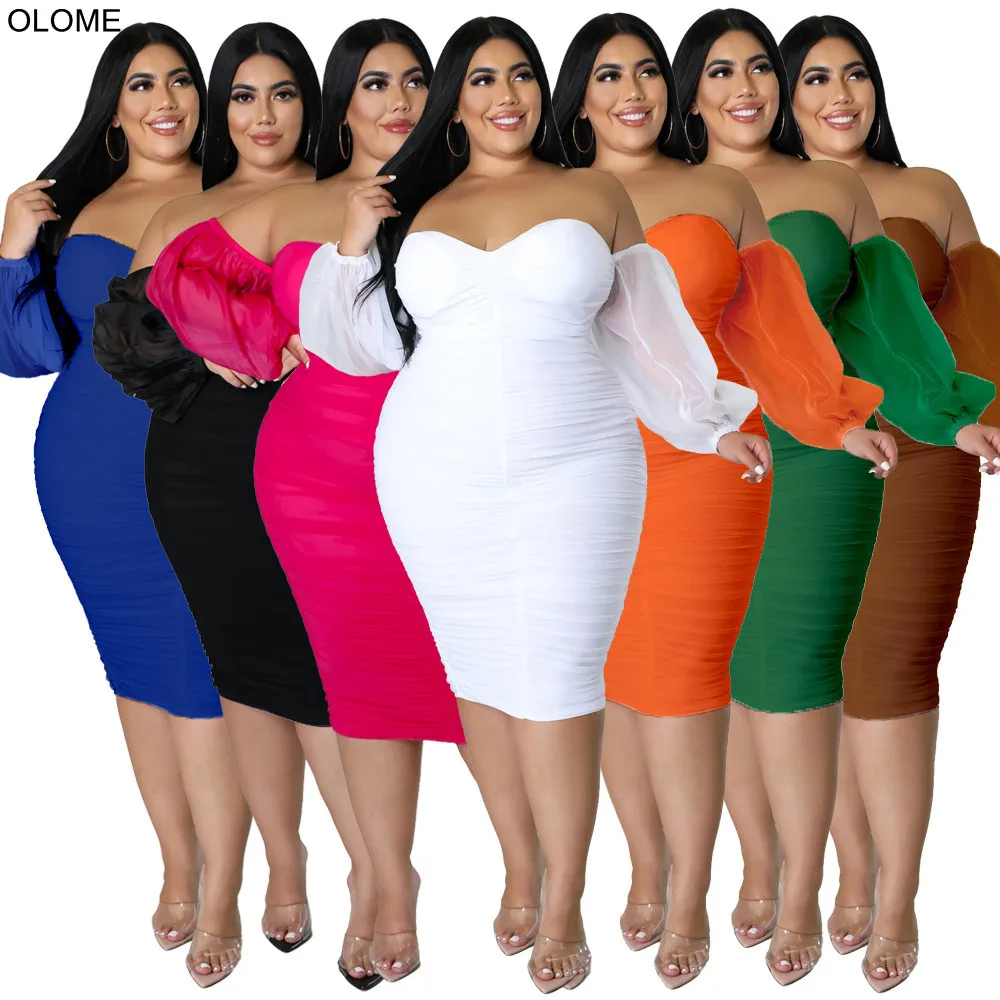 Drop Shipping Mesh Long Sleeves Plus Size Women Dress Sexy Slash Neck Nightclub Bodycon Dresses 4XL