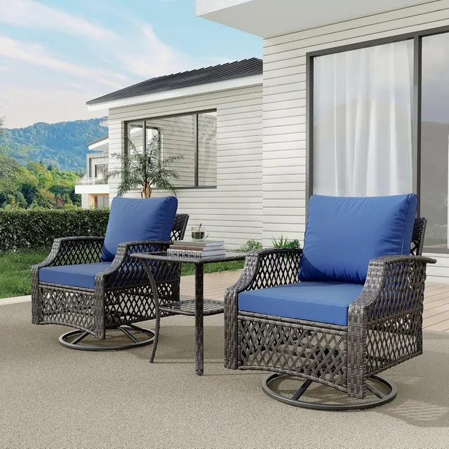 3 Piece Outdoor Swivel Chair Set, Wicker Patio Bistro Set with Thickened 25D Cushions and Glass Coffee Table, Patio Furniture C