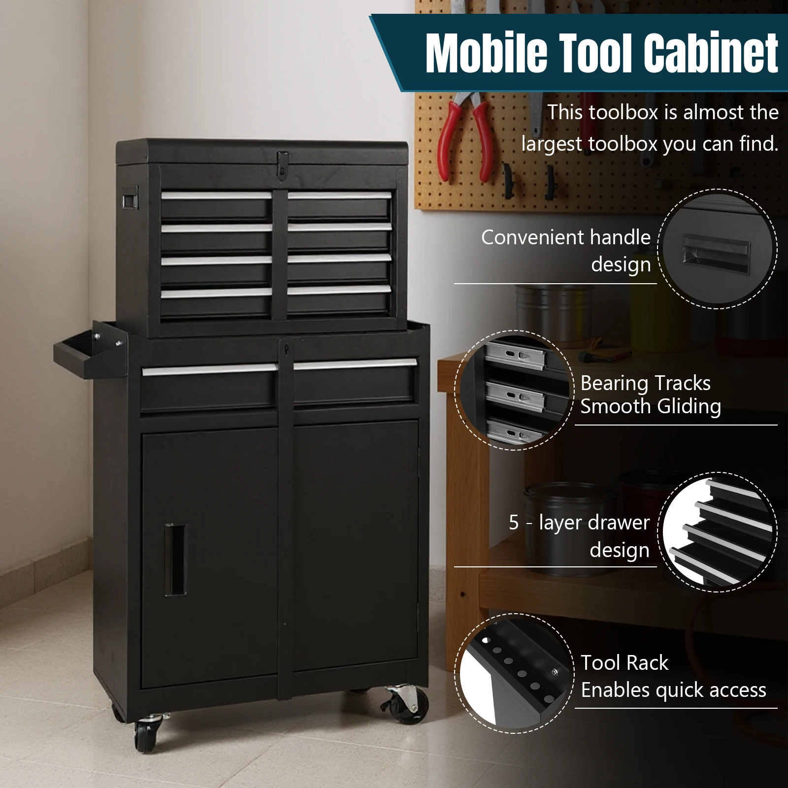 Large Detachable Toolbox with Double Door & Wheels Sliding Drawers Tool Chest Parts Storage Cabinets for Factory Warehouse Use
