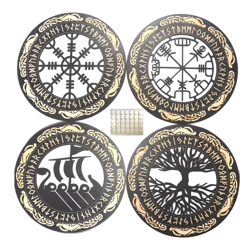 

Muy Bien 4pcs Set Wooden Wall Hanging Viking Nordic Style Rune Amulet Sign Home Living Room Office Wall Art Decorations