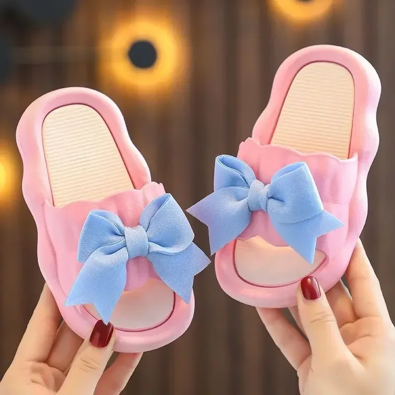 

Children Slippers Girls Wearing Soft Soled Slippers Outside Cute Bow Anti Slip Bathroom Slippers Contrast Color Kid
