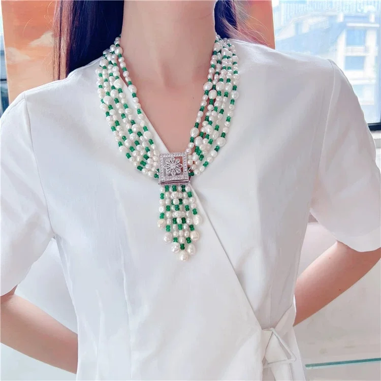 

Natural 5 Strands Freshwater Cultured White Keshi Pearl And Green Agate Necklace Multi layer Short Collar Necklace