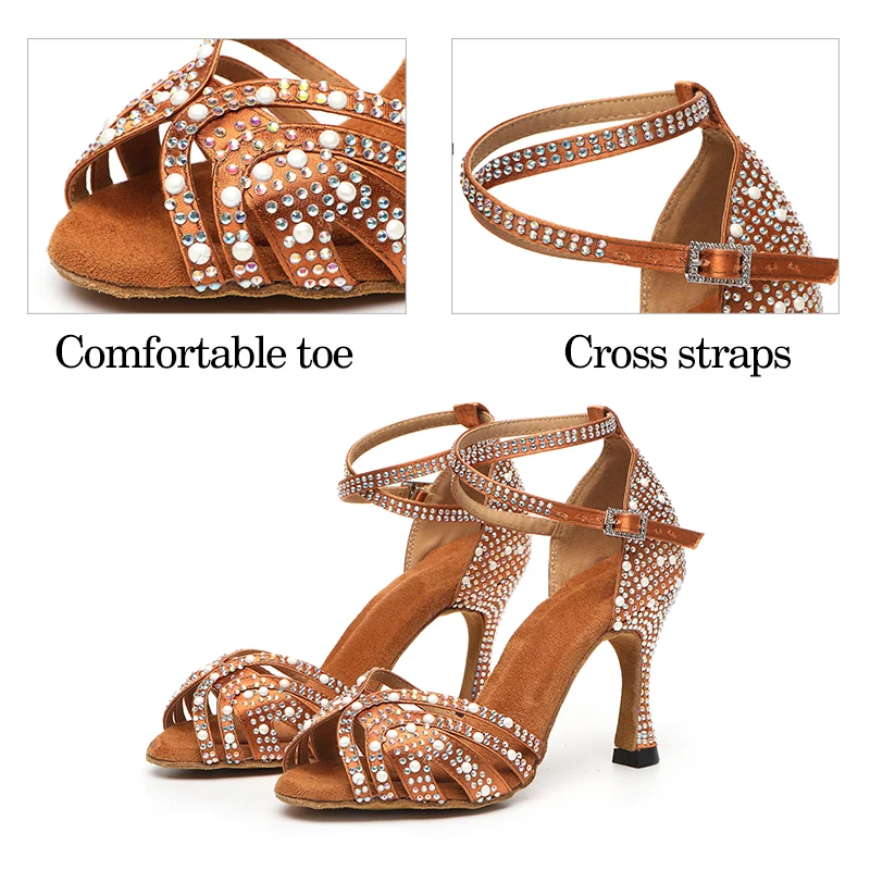 DKZSYIM Rhinestone Latin Dance Shoes Female Latin Salsa Girl Casual Shoes Black Bronze Skin Shiny Ballroom Dance Shoes Sandals 4