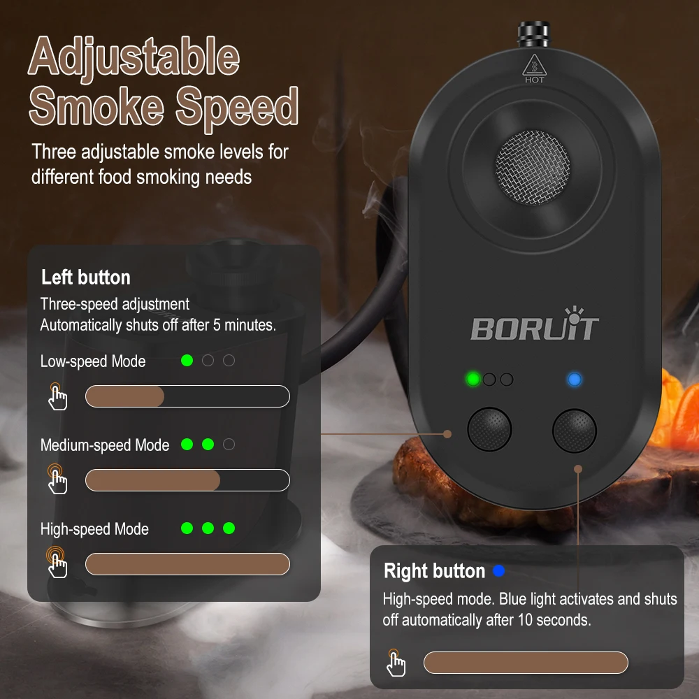 BORUiT New Portable Food Cold Smoke Generator Type-C Rechargeable Molecular Cuisine Smoking Gun Meat Burn Cooking for BBQ Grill