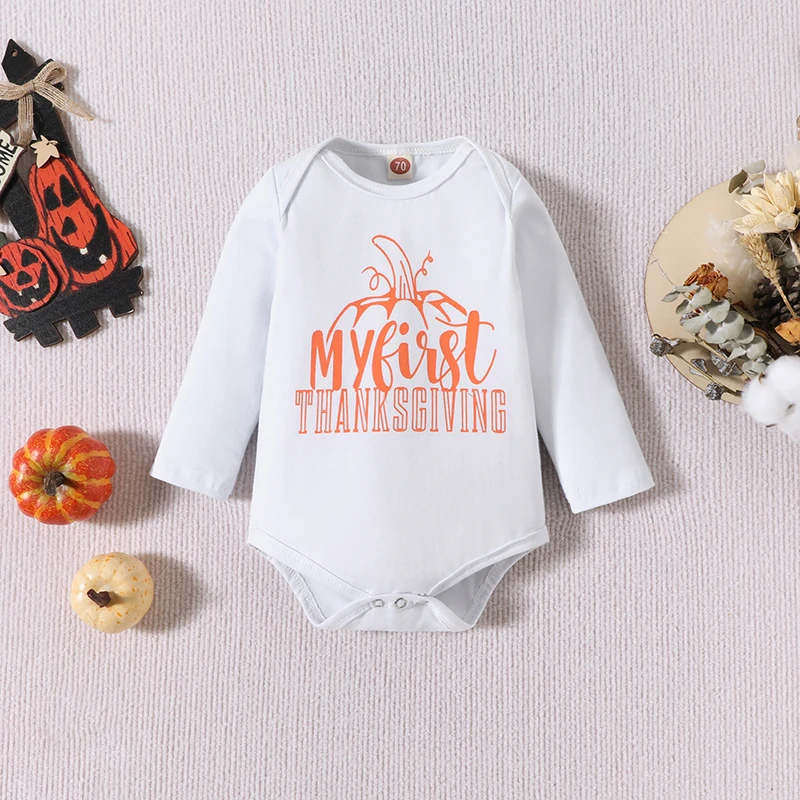 

Baby Boys Girls My 1st Thanksgiving Outfits Turkey Cartoon Pattern Romper Bodysuit Pants Hat 3Pcs Fall Clothes Set