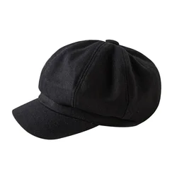 Woolen Beret Casual Women Spring Cap Korean Octagonal Bonnets Women's Ribbed Cashmere Hat with Brim Winter Accessories