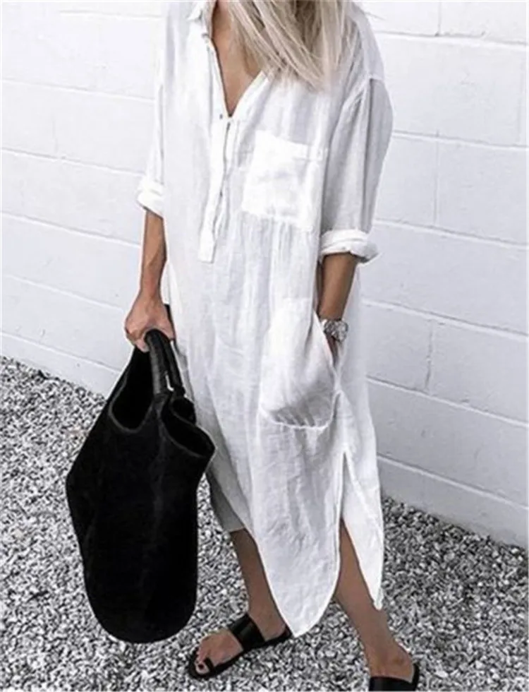 Women Dress Summer Shirt Long Dress Women Casual Long Sleeve Side Split Button Dresses Female Elegant Solid Color Pocket Loose Dresses
