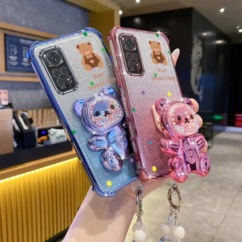 Pearl Glitter Bear Phone Holder Case with Strap