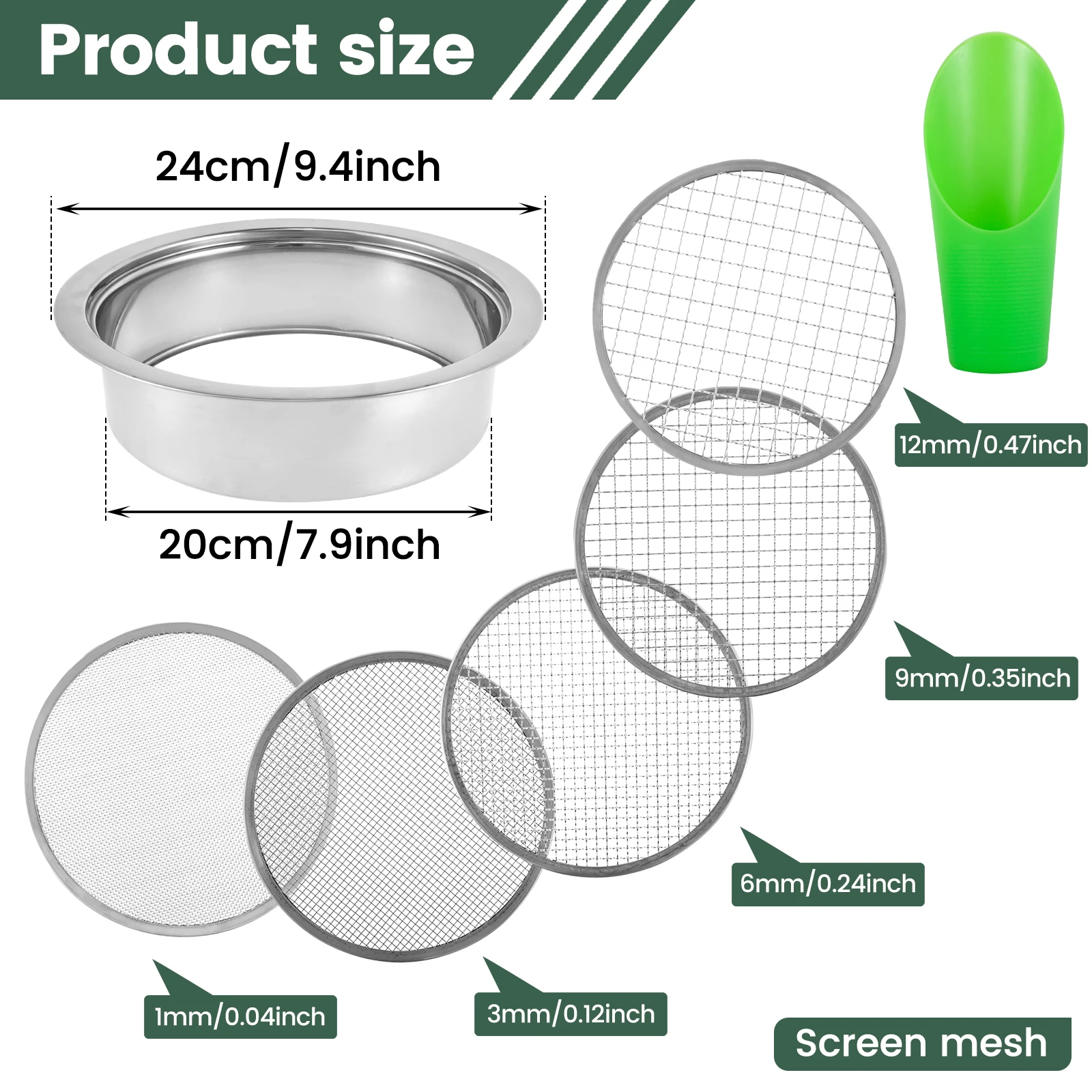 Dirt Sifter Set for Gardening Bonsai Detachable Stainless Steel Soil Sieve Set With Shovel Easy to Clean Interchangeable Meshes 4