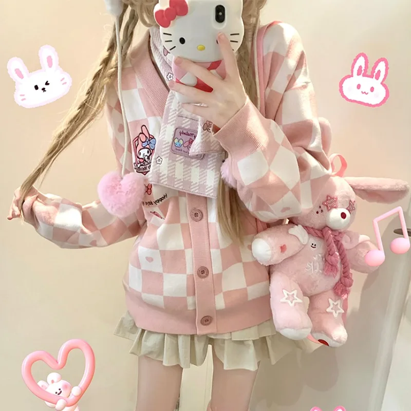 

Sanrio Cinnamoroll кардиган свитер Kuromi My Melody Осень-Зима Новые Теплые шахматные вязаные свитера средней длины