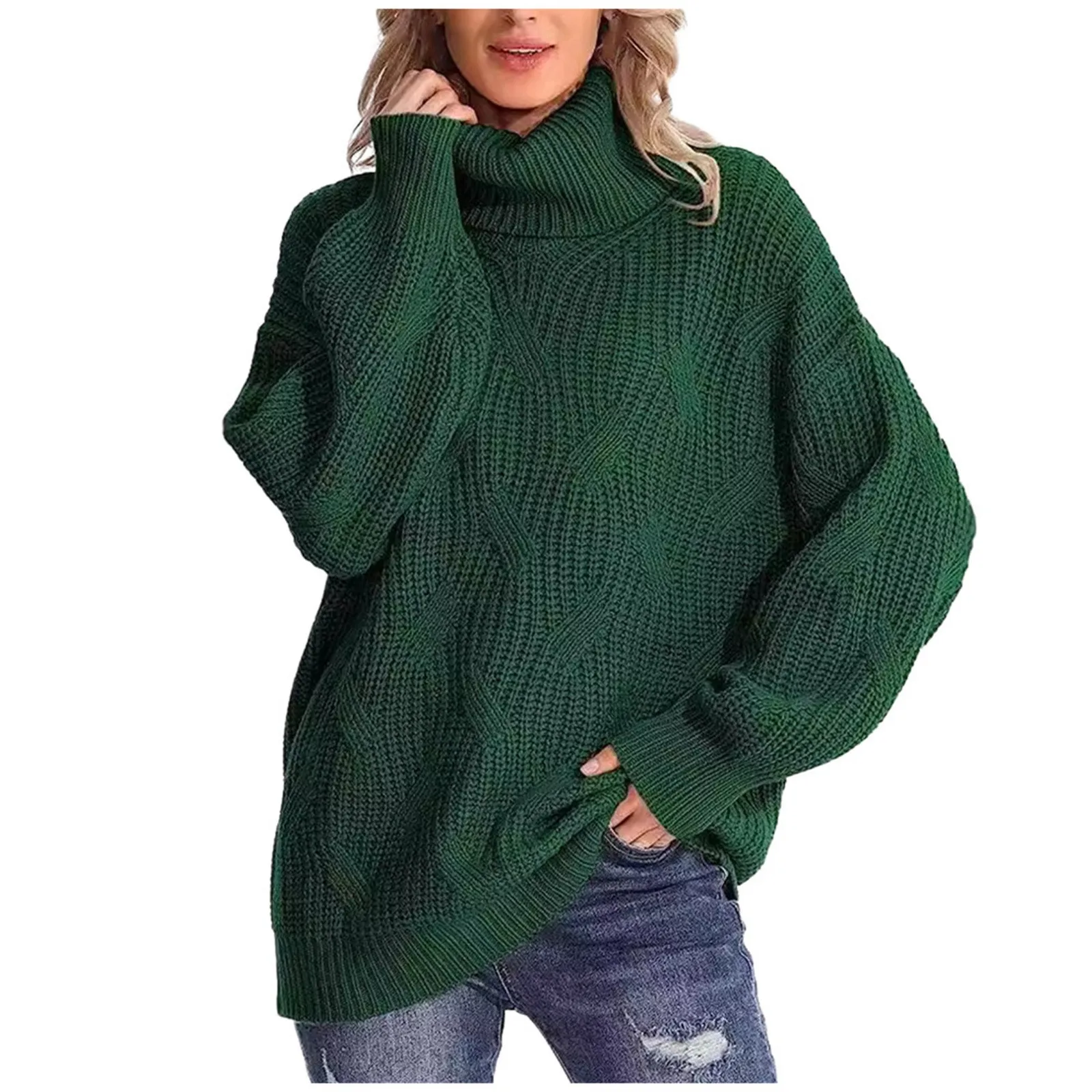 thumbnail image 1 of Suéter de cuello alto de punto holgado y acogedor para mujer, sudaderas largas para hombres, suéteres grandes y altos, suéteres de playa a granel para mujeres, 1 of 4