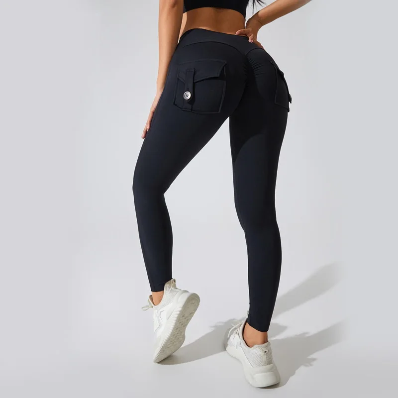 Solid Color Sexy Soft Women Yoga Legging Hight Waist Sport Pant Comprehensive Training Jog Wholesal Booty Scrunch Tooling Pocket