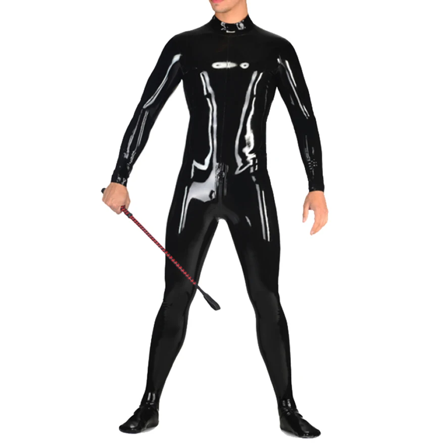 

Sexy Latex Mens Catsuit with Socks Rubber Fetish Bodysuit Rear Zip Handmade Clothing S-LCM171