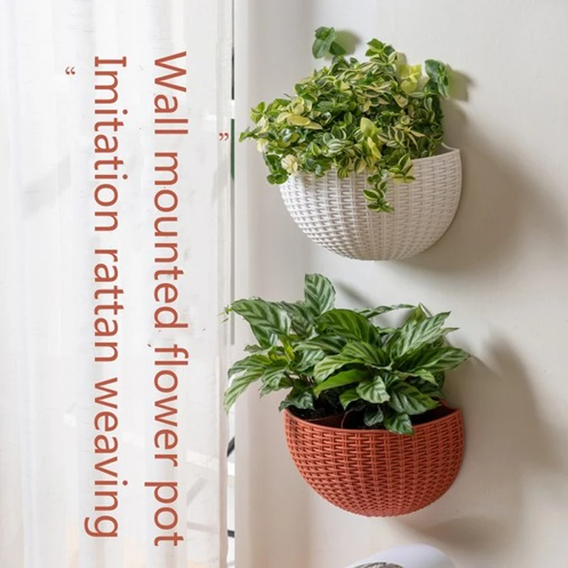 Wall-mounted Plastic Imitation Rattan Wall Hanging Basket Flower Pot 1PC For Outdoor Garden Balcony