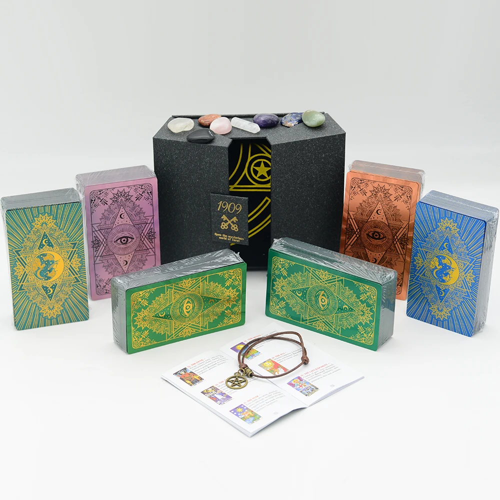 

High Quality Mysterious Gold Foil Tarot PVC Table Game Color Card Gift Box Set Bronzing Waterproof Tablecloth Crystal Stone