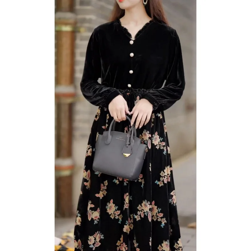 

2023 New Fashion Printed Silk Velvet Dress French Luxury Versatile Silk Knee Length Dress Autumn Loose Fit Casual Vacation Vesti