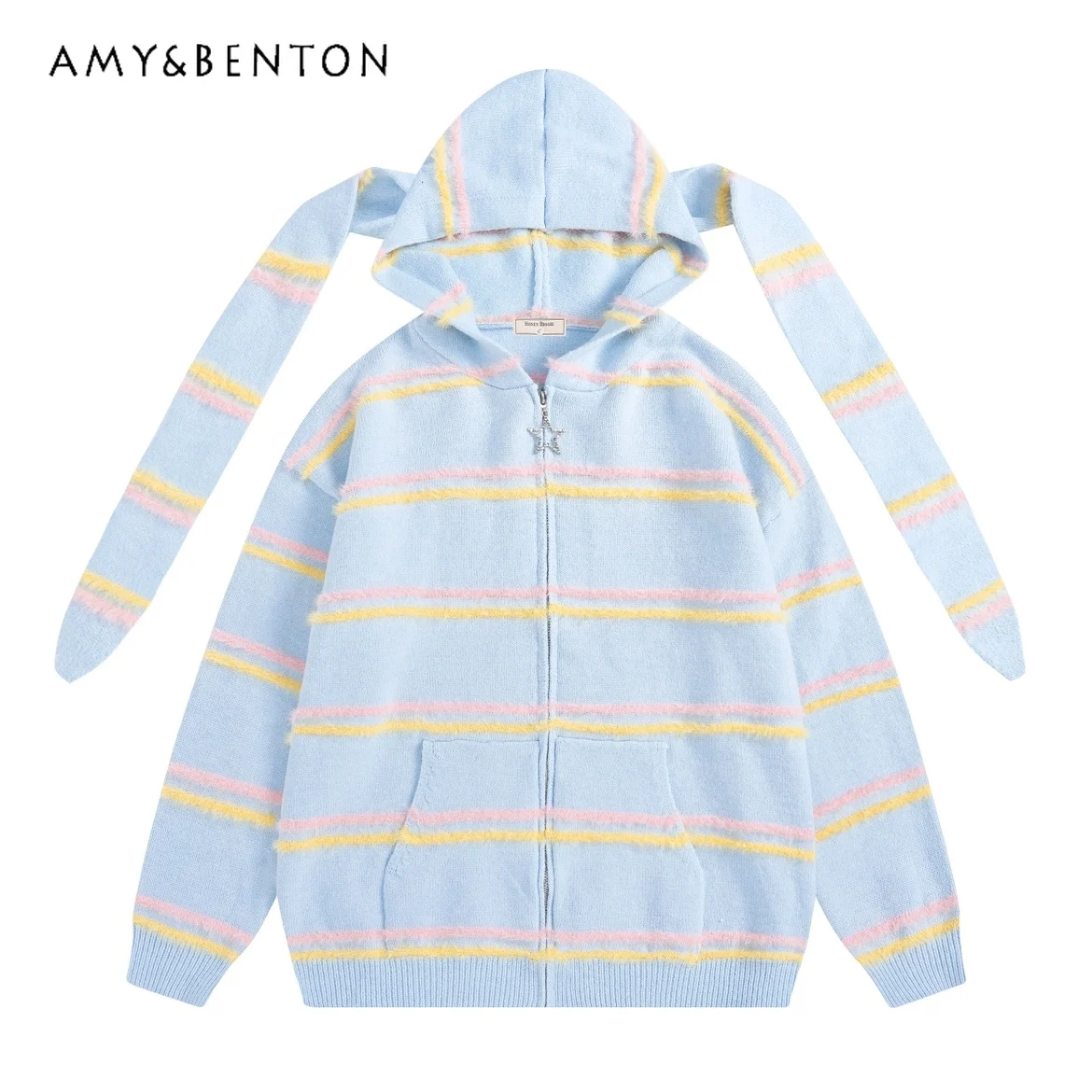 

Harajuku Style Cute Rabbit Ears 2D Hooded Knitted Cardigan Autumn New Women's Y2K Striped Zipper Coat Soft Oversized Cardigan
