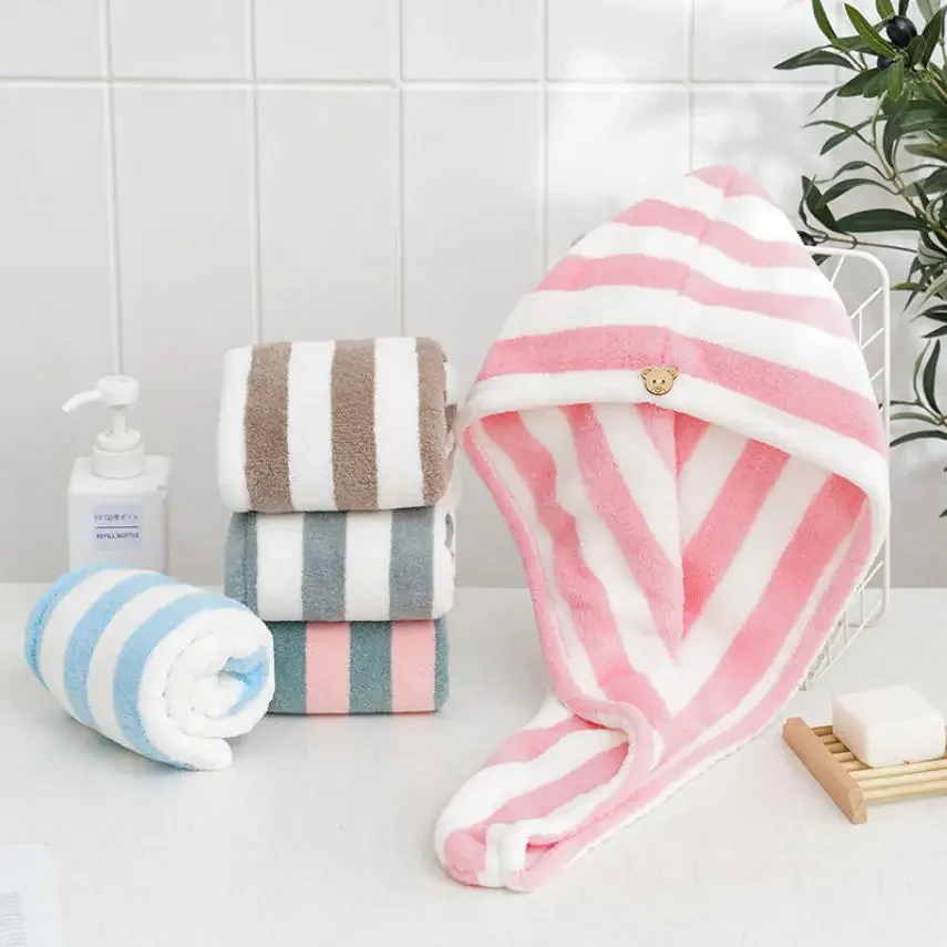 Dry Hair Towel Microfiber Coral Velvet Striped Pattern Hair Cap for Women Turban Water-Absorbent Quick-Drying Striped Shower Cap