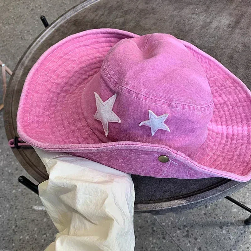 Pălării de vară retro roz cu bor mare, stil punk Y2K, cu stele, cu găleată, pentru exterior, protecție solară, alpinism, pălărie de cowboy, casual, Jazz_voghion.com