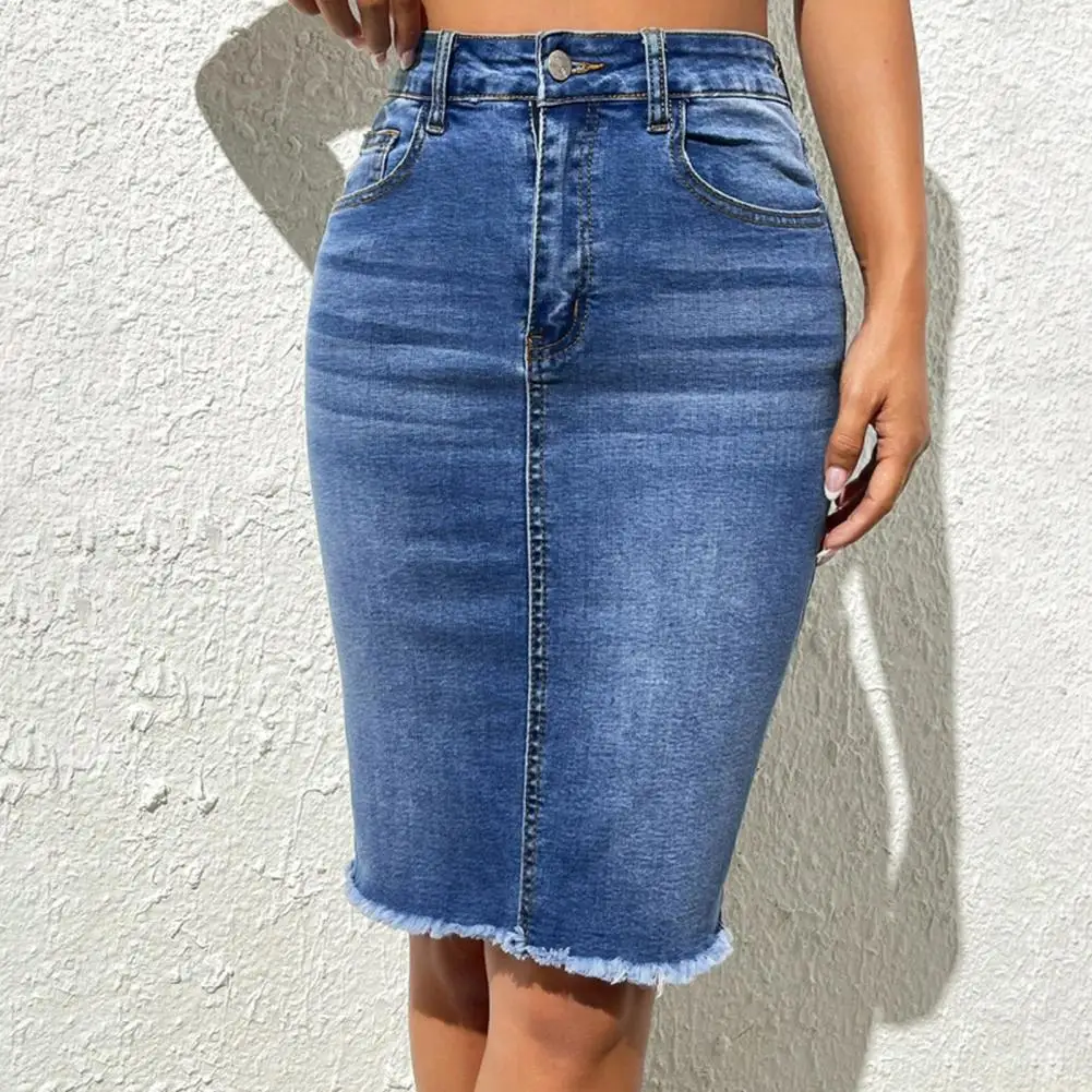 

Tassel Hem Women Hip-hugging Skirt Button Zipper Fly High Waisted Denim Skirt Stylish High Waist Women's Denim Skirt for Ladies