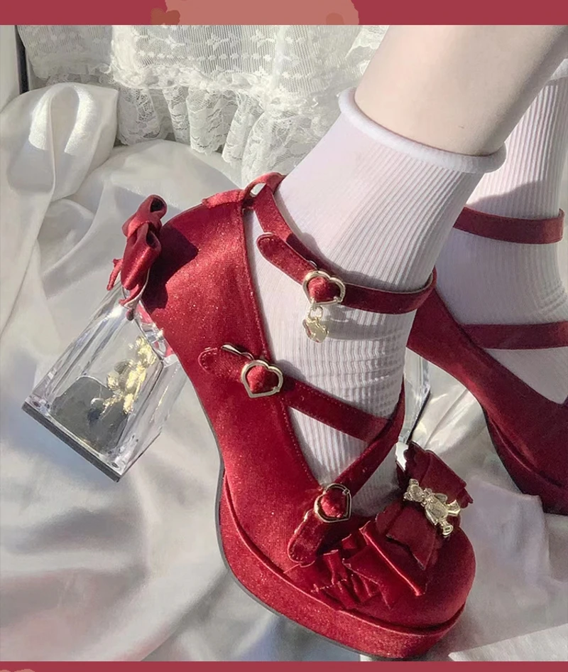 Girls sweet round red bow Platform lolita Shoes for girls High Heel LoliShoes 2