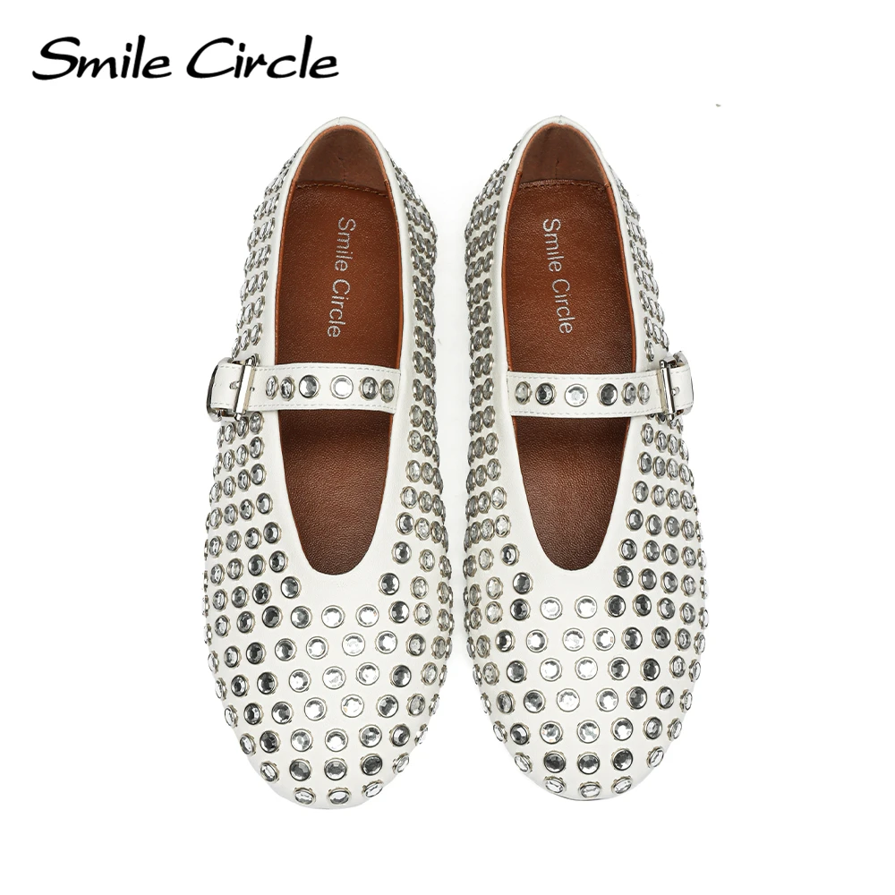 Smile Circle Women Ballet Flats in Strass Lambskin Bling Mary Jane lady Fashion Leather Flat Shoes