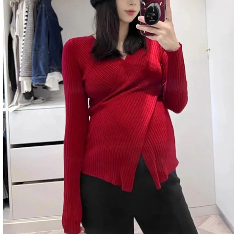 Maternity Sweater Autumn Winter Knitted Sweaters Loose A Line Splits Shirt Clothes for Pregnant Women Postpartum Pregnancy Tops