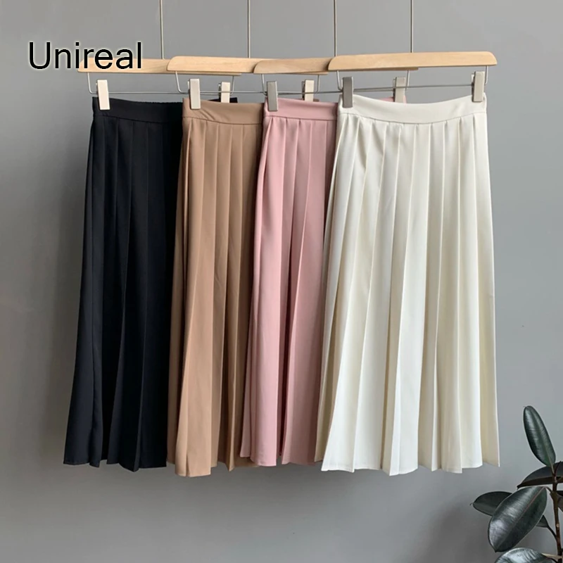 

Unireal 2022 Spring Vintage Women Pleated Skirt High Waist Casual Office Lady White Blue Midi Skirt