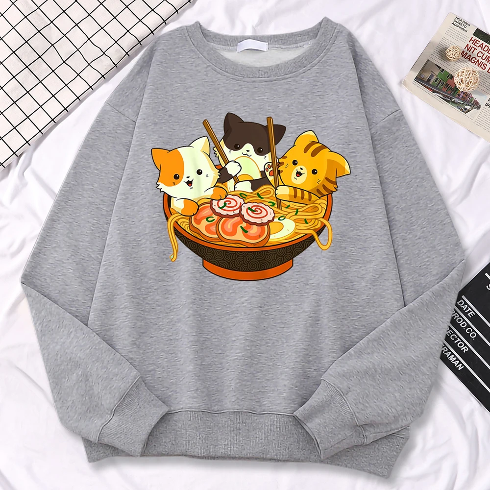 Einfaches Kawaii-Sweatshirt für Frauen, Anime-Katzen, die japanische Ramen-Nudeln essen, bedruckte Hoodies, lockere warme Pullover-Kleidung mit Rundhalsausschnitt – Detail 25