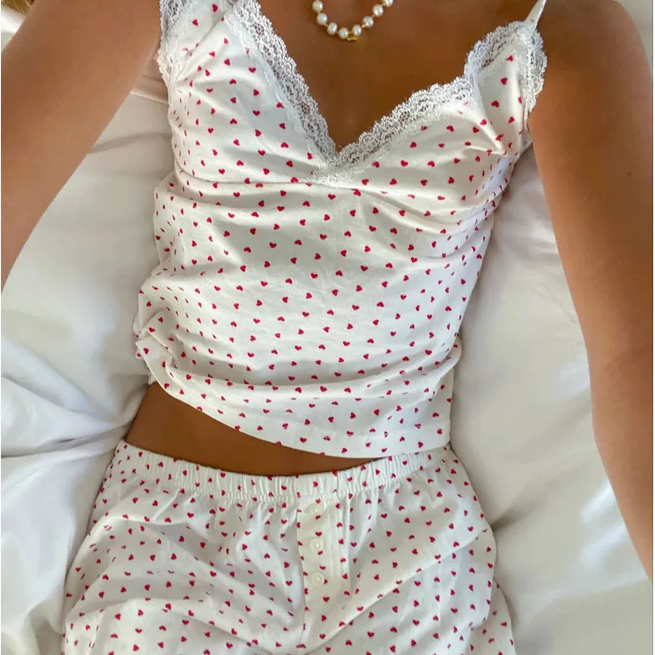 

Women's Girls Y2k 2PCs Pajamas Sets Y2k Lace Trendy Sleeveless Heart Print Cami Tops and Shorts Matching Sleepwear