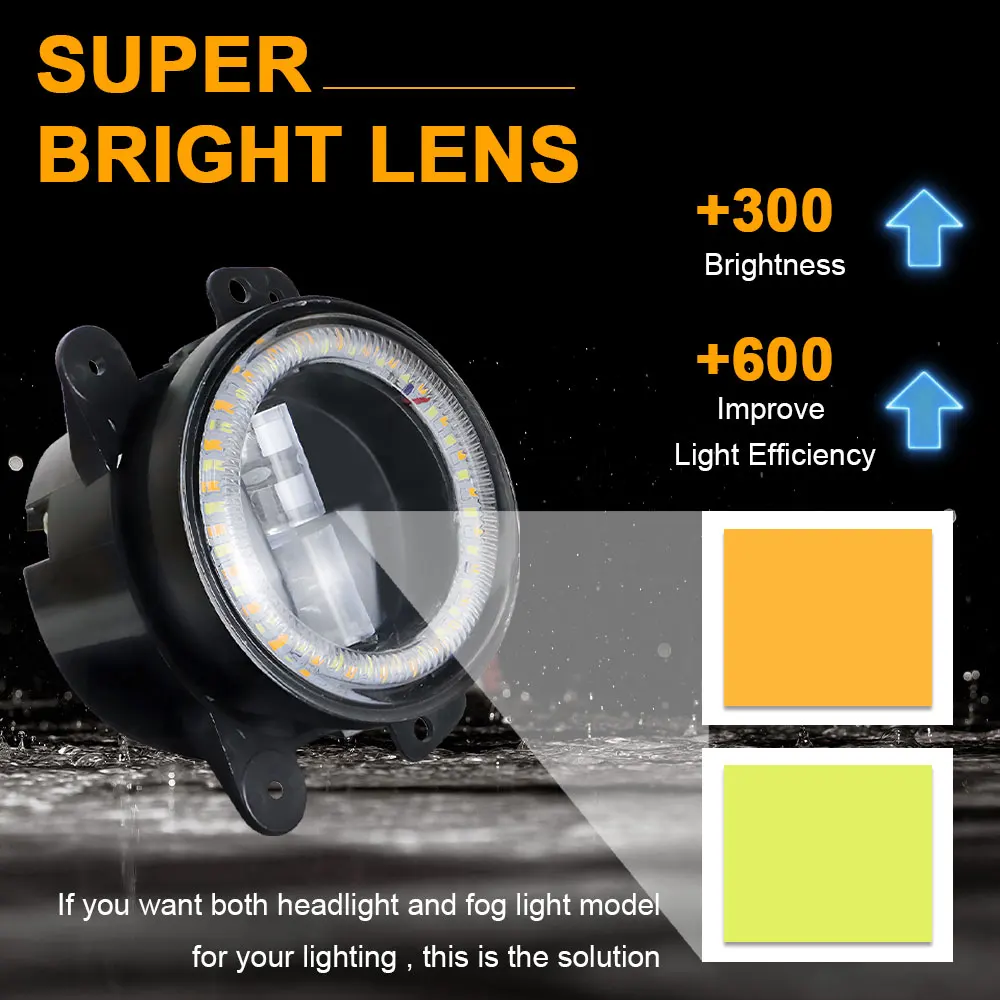지프 랭글러 JL JK, 닷지 오프로드 여행용 2개 4인치 LED 안개등, 100W 노란색/흰색 안개등 DRL 엔젤아이즈 (크라이슬러용)