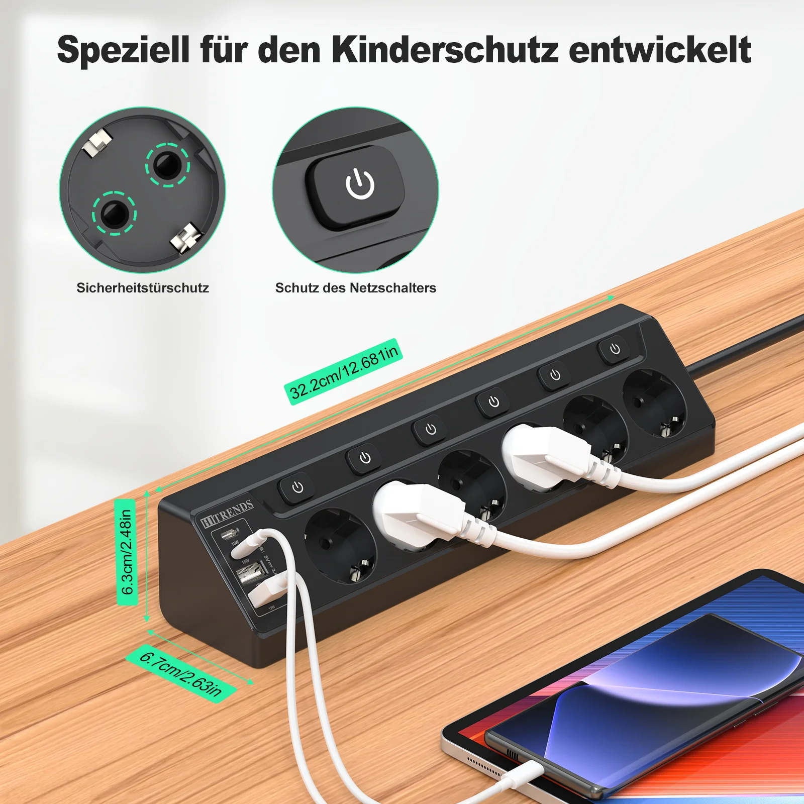 6 way European mulit plug Power Strip with 2 USB 2 Type C, Corner Multi-functional socket with 2m cable for Home Table 3
