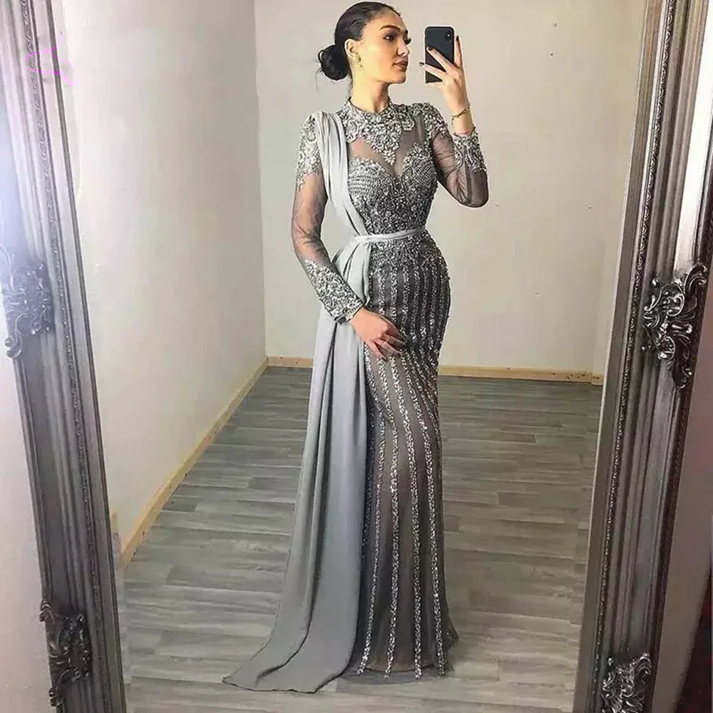 

Women Gray Illusion Evening Dress 2023 Arabic Elegant Sequined Luxury Dubai Beaded Formal Party Crystal Prom Gown Robe De Soiree