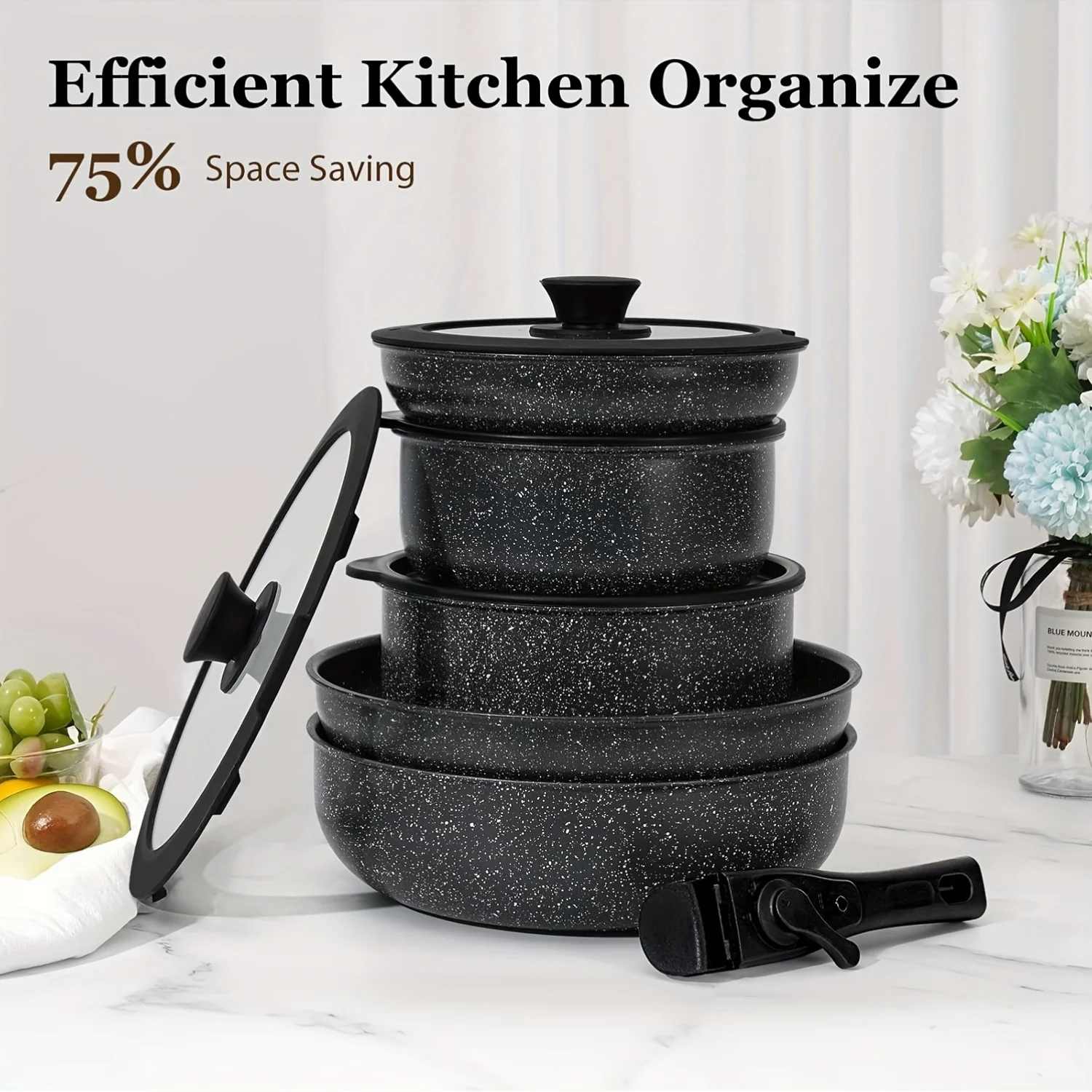 15pcs Pots And Pans Set Non Stick Cookware Sets With Detachable Handle RV Kitchen Cooking Set