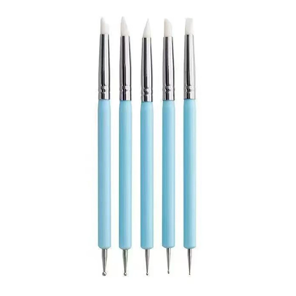 5pc Dotting Pen Soft Pottery Clay Carving Double-ended Silicone Head Silicone Stainless Steel Nail Art Pottery Clay Tool Model clay modelling tools